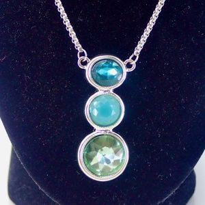 Skipping Stone Sea Sky Monet Pendant Silver Tone 18" Chain Aquamarine Blue Green